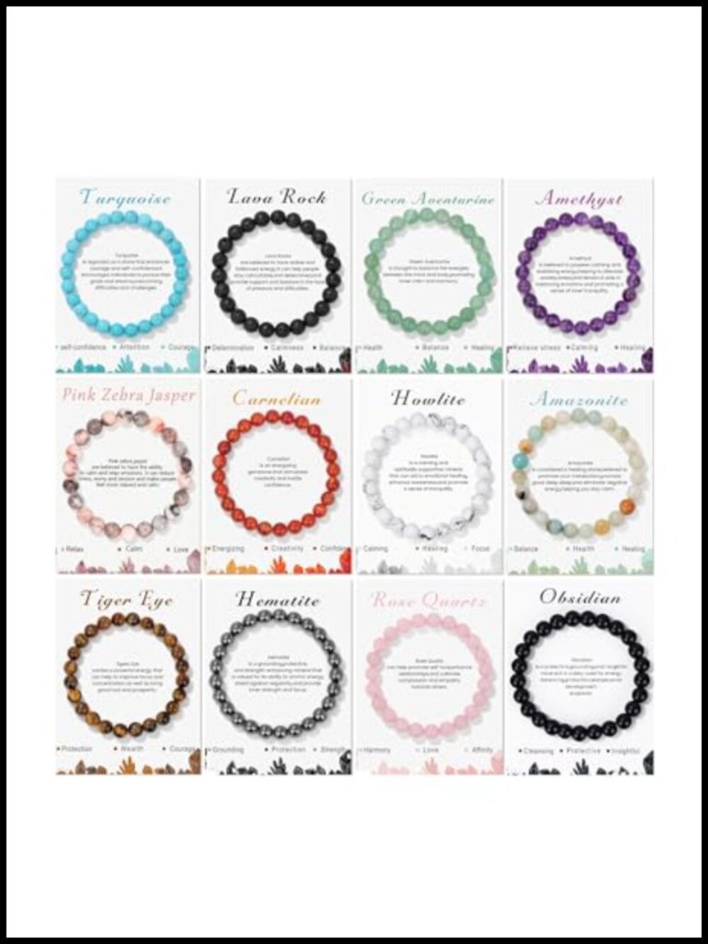 Beaded Bracelets 12-Pack Stretch Gemstone Set Healing Crystal 8mm for Men Women